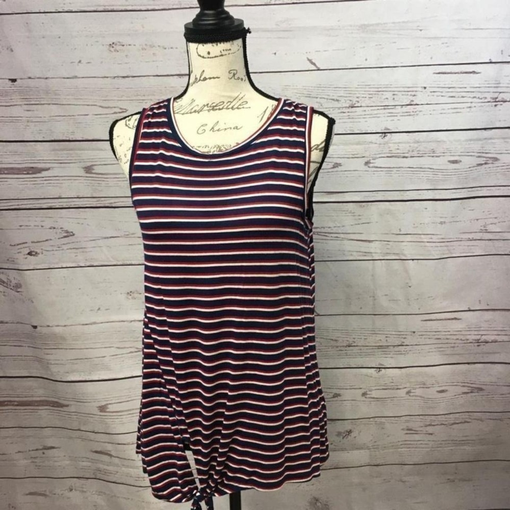 Cupio Womens Navy Blue Red White Striped Sleeveless‎ Front Knot Tank Top Medium